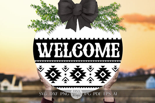 Welcome SVG Southwest Pattern Door Hanger SVG Aztec Pattern SVG Round Door hanger svg Aztec pattern Sign svg Cricut svg for Welcome Sign