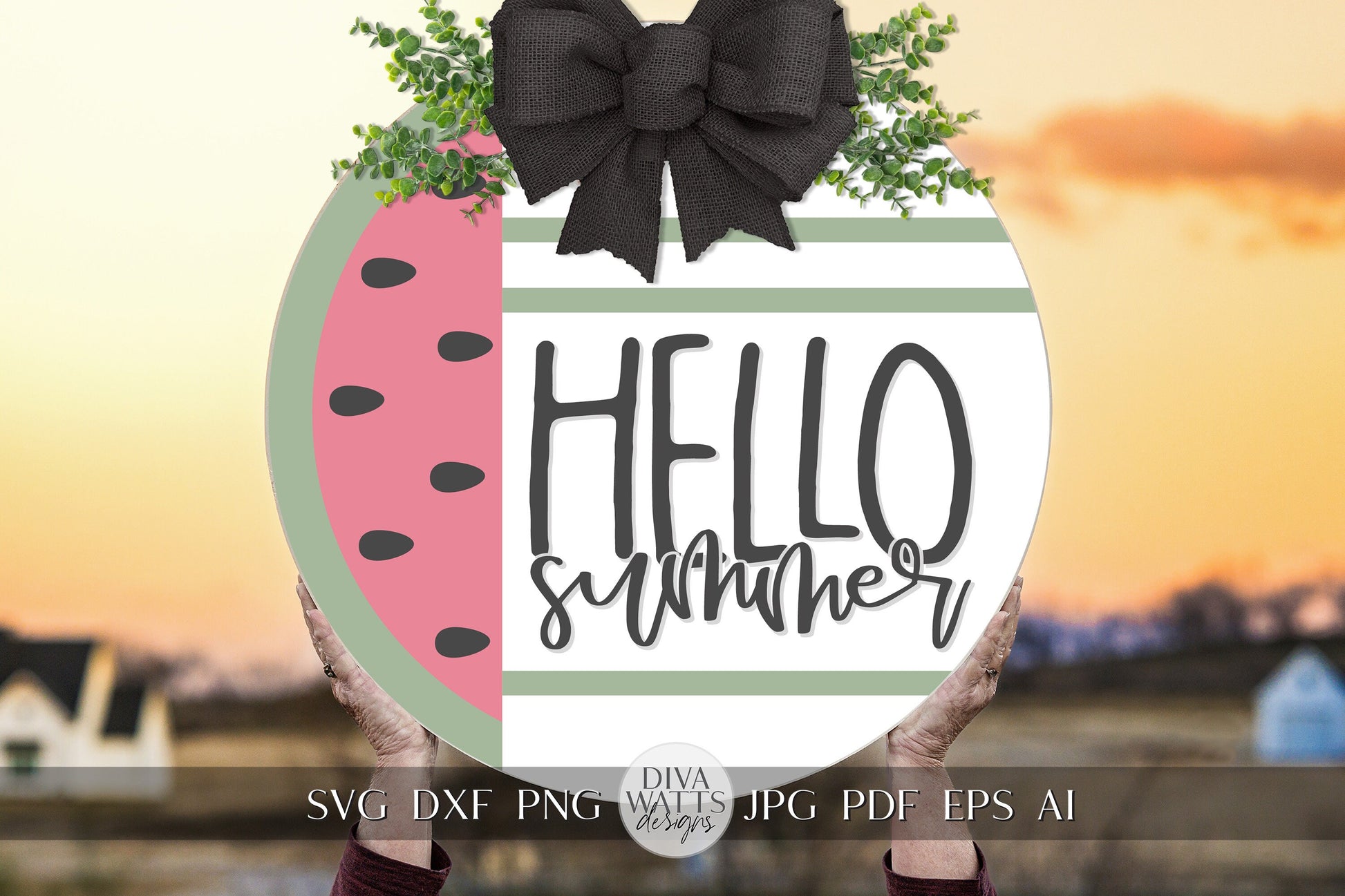 Hello summer SVG Summer Watermelon svg Door Hanger For Summer SVG Door Hanger SVG For Summer Sign Round Sign svg Watermelon Cricut svg