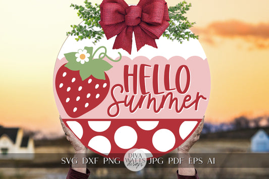 Hello Summer SVG Strawberrry Round Design svg Summer Door Hanger svg Strawberries SVG for Porch sign Porch svg Summer svg Summer cricut svg