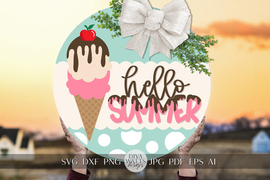 Hello Summer SVG Summer Ice Cream Cone svg Door Hanger For Summer SVG Door Hanger SVG For Summer Sign Summer Round Sign svg Summer Round svg