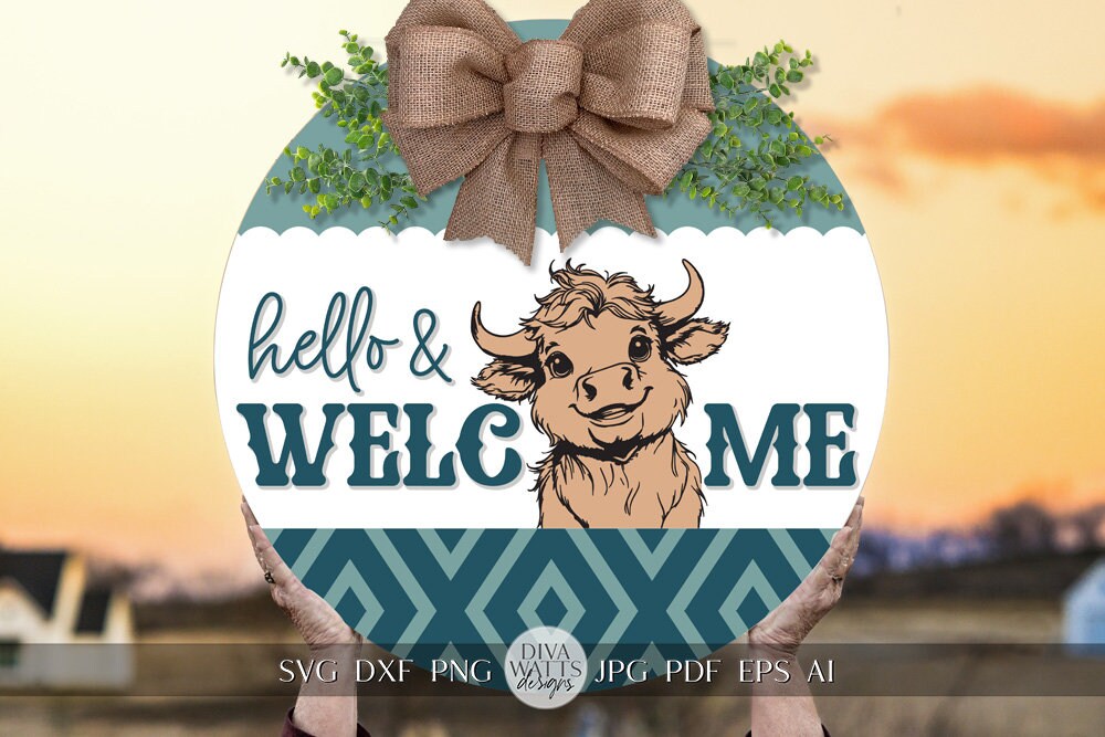 Hello & Welcome SVG Western Cow Door Hanger Design Cute Highland Cow SVG Welcome SVG Hello svg Cow svg Cricut svg for Door Hanger Sign svg