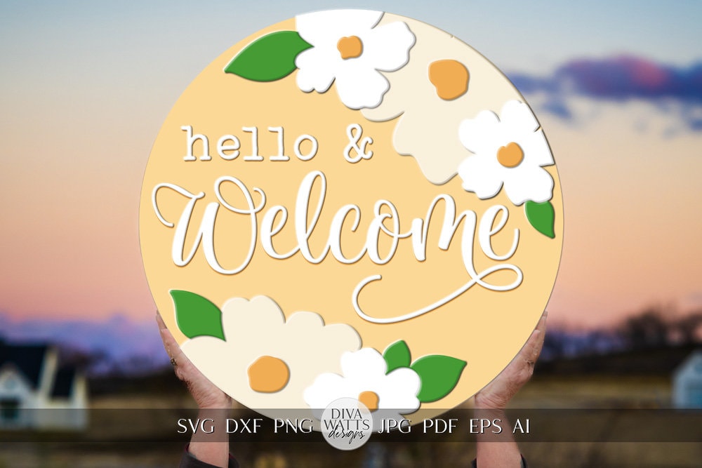 Hello and Welcome SVG Daisies Welcome Sign svg Floral Welcome Sign svg Flower Door Hanger svg Spring Sign svg Cricut svg Spring Flowers svg