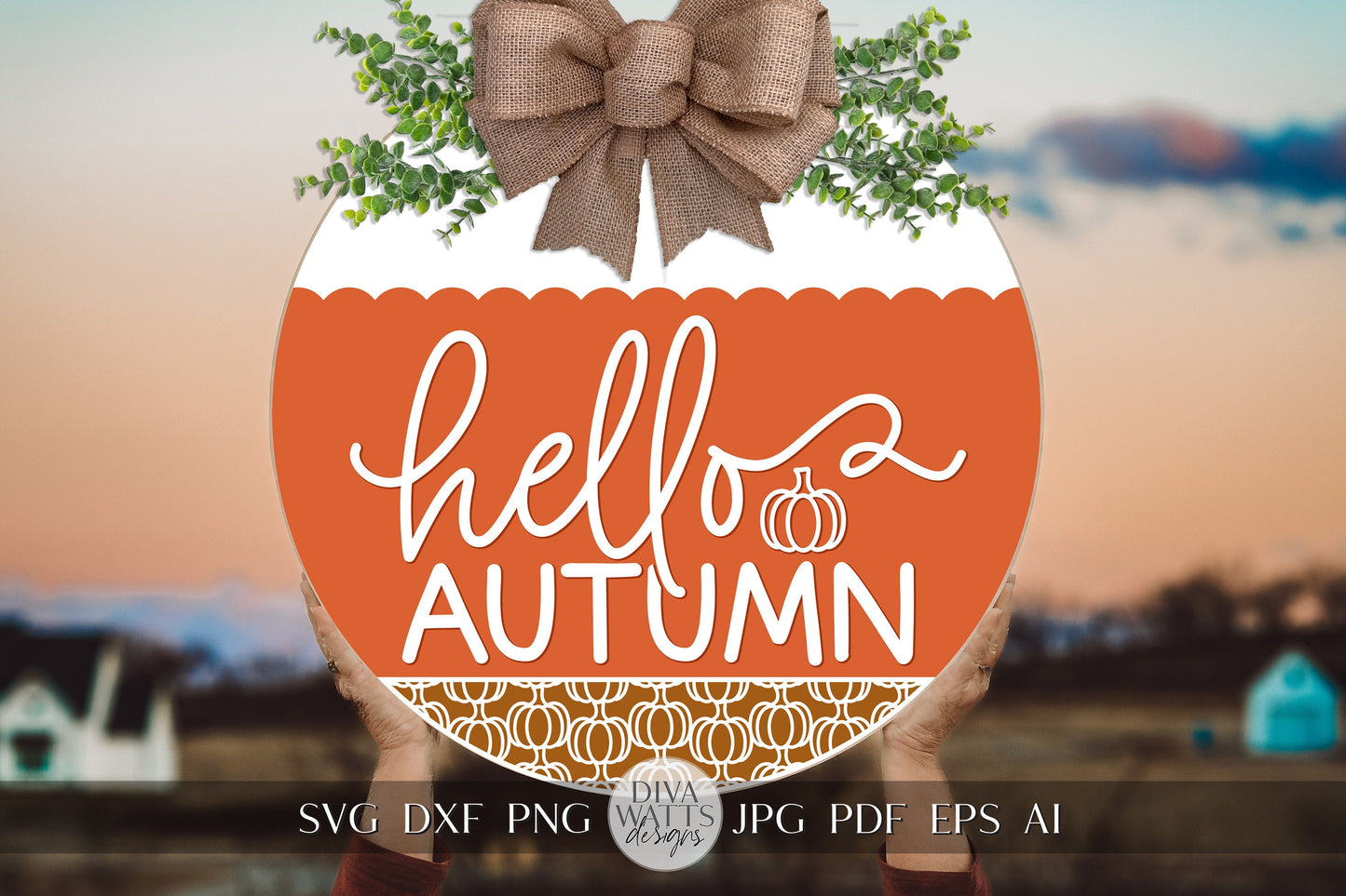 Hello Autumn For Autumn Door Hanger With Pumpkins SVG For Front Door Sign Hello Fall Door Hanger SVG Pumpkin svg For Round Sign Cricut svg