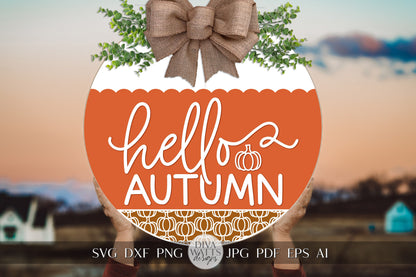 Hello Autumn For Autumn Door Hanger With Pumpkins SVG For Front Door Sign Hello Fall Door Hanger SVG Pumpkin svg For Round Sign Cricut svg