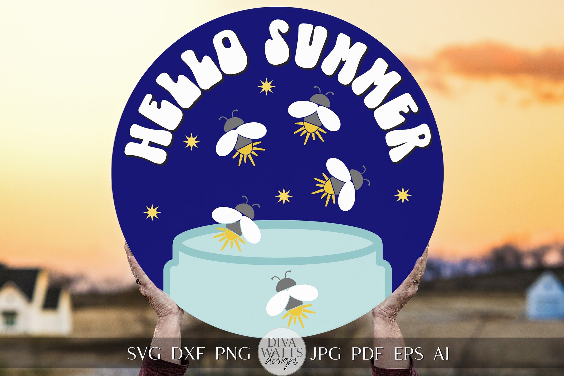 Hello Summer SVG Fireflies svg Lightning Bugs svg Summer Door hanger svg Summer Porch Decor svg Summer Sign Hello svg Welcome svg Cricut svg