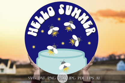 Hello Summer SVG Fireflies svg Lightning Bugs svg Summer Door hanger svg Summer Porch Decor svg Summer Sign Hello svg Welcome svg Cricut svg