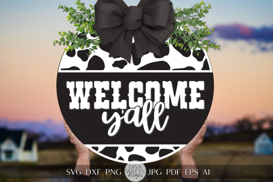 Welcome Y'all SVG Western Cowhide Door Hanger Design Cow Print SVG Welcome SVG Welcome Western svg Cricut svg for Door Hanger Sign svg