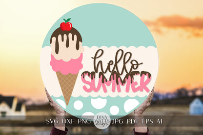 Hello Summer SVG Summer Ice Cream Cone svg Door Hanger For Summer SVG Door Hanger SVG For Summer Sign Summer Round Sign svg Summer Round svg