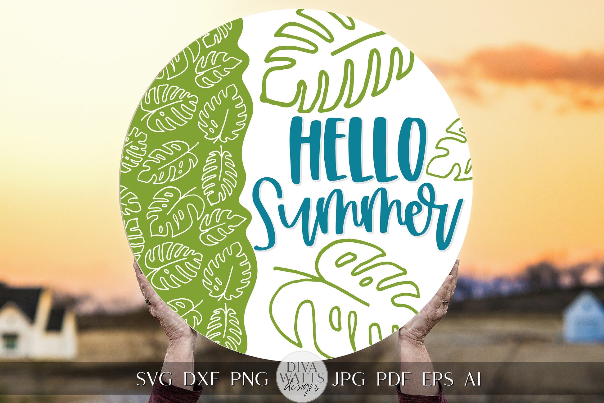 Hello Summer SVG Tropical Round Design svg Summer Door Hanger svg Monstera SVG for Porch sign Porch svg Summer svg Summer cricut svg