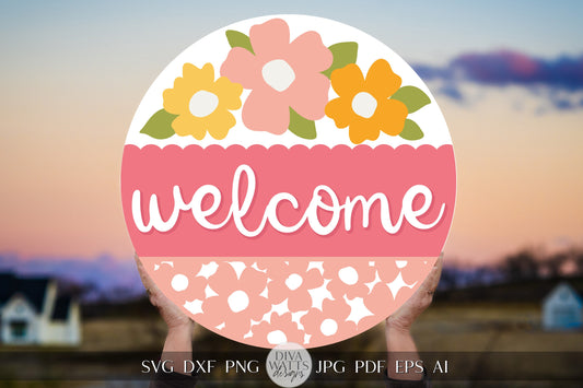 Welcome SVG Summer Flowers svg Door Hanger For Summer SVG Door Hanger SVG For Summer Sign Summer Round Sign svg Summer Round svg Circut svg