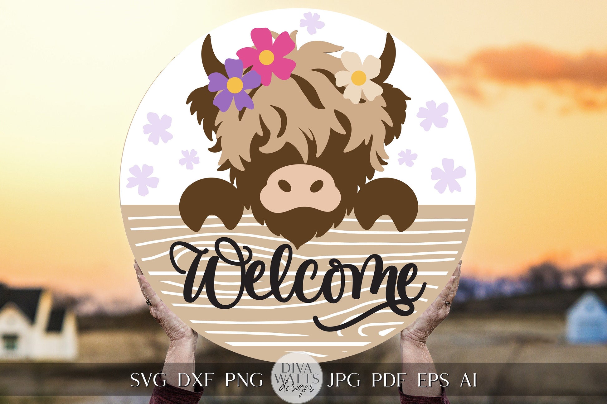 Welcome SVG Highland Cow Door Hanger svg Cow svg Cow Door Sign svg Farm svg Farmhouse Door Hanger svg Cow With Flowers SVG Cricut SVG Cow