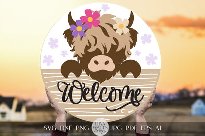 Welcome SVG Highland Cow Door Hanger svg Cow svg Cow Door Sign svg Farm svg Farmhouse Door Hanger svg Cow With Flowers SVG Cricut SVG Cow