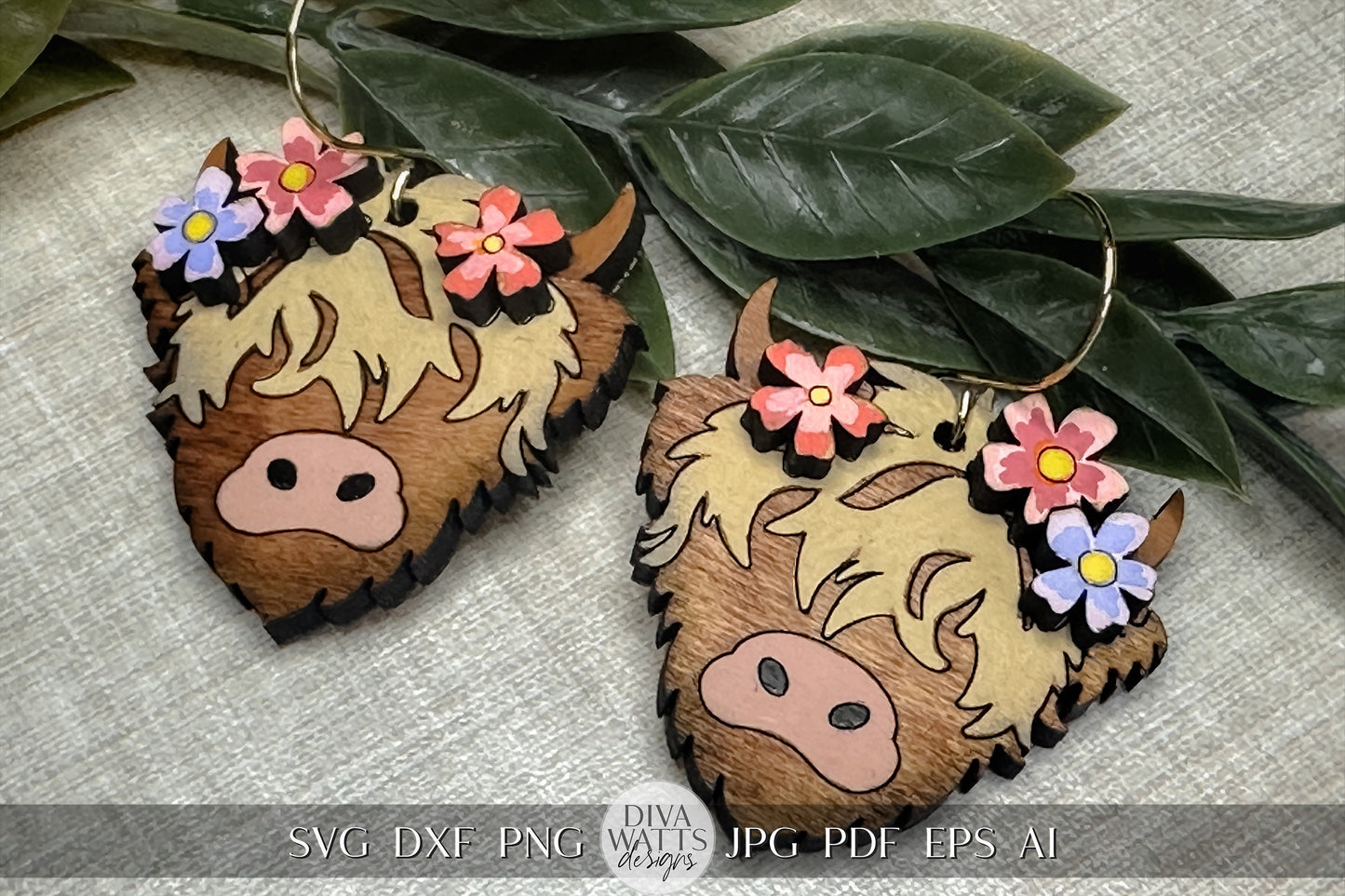 Highland Cow Earrings Laser SVG Floral Cow Earrings Laser Earrings With Highland Cow svg 3d Highland Cow Earrings svg 3d Earrings svg