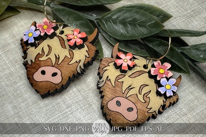 Highland Cow Earrings Laser SVG Floral Cow Earrings Laser Earrings With Highland Cow svg 3d Highland Cow Earrings svg 3d Earrings svg