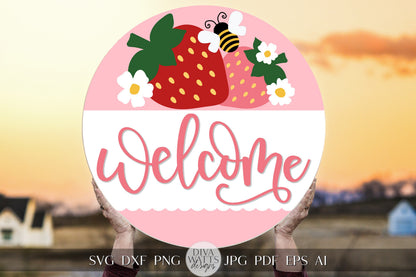 Welcome SVG Summer Strawberries svg Strawberry Door Hanger svg Strawberry Sign svg Strawberry Decor svg Cricut Strawberries svg bee svg