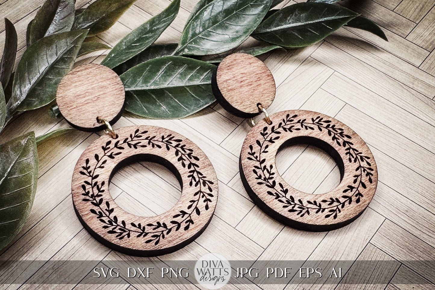 Wreath Earrings Laser SVG Greenery SVG For Earrings For Glowforge Earrings svg Round Earrings svg Easy Earrings svg Outline Earrings SVG