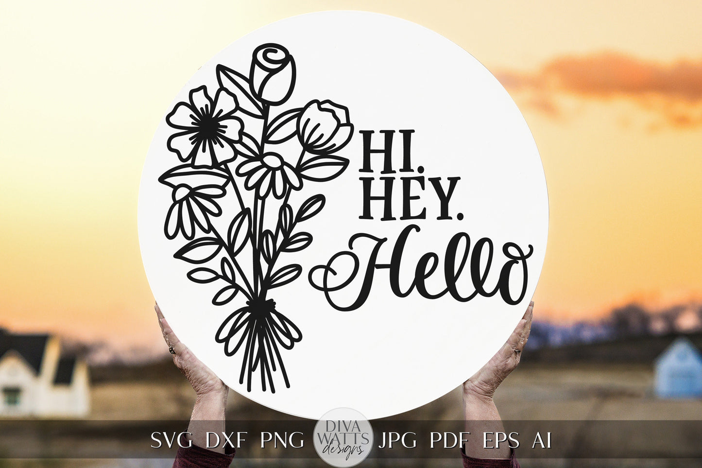 Hi Hey Hello SVG Welcome SVG Flowers svg Hello SVG Hello Sign For Front Door svg Round Welcome svg Round Door Hanger svg Floral Cricut svg
