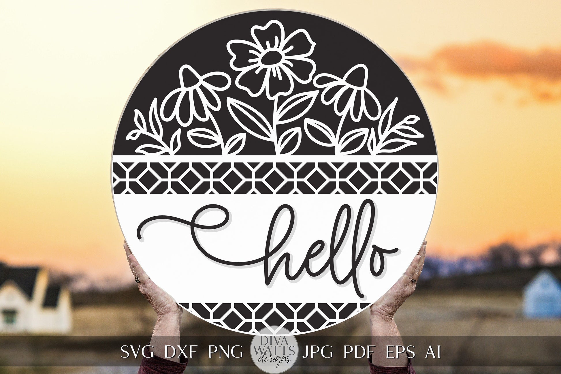 Hello SVG Spring Florals Door Hanger Design Geometric Welcome SVG Wooden Welcome Door Hanger Front Door Decor Front Door Sign Flower svg