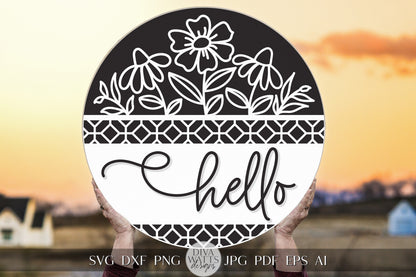 Hello SVG Spring Florals Door Hanger Design Geometric Welcome SVG Wooden Welcome Door Hanger Front Door Decor Front Door Sign Flower svg