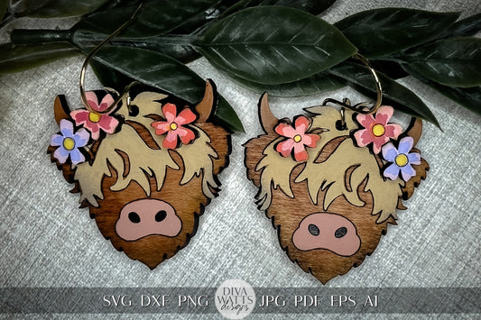 Highland Cow Earrings Laser SVG Floral Cow Earrings Laser Earrings With Highland Cow svg 3d Highland Cow Earrings svg 3d Earrings svg