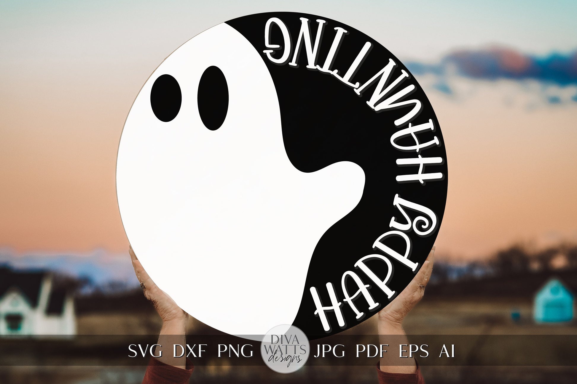 Happy Haunting SVG Halloween Round Design Halloween Ghost Door Hanger Ghost svg Spooky Ghost svg Ghost Decor svg Cricut svg Ghost Sign