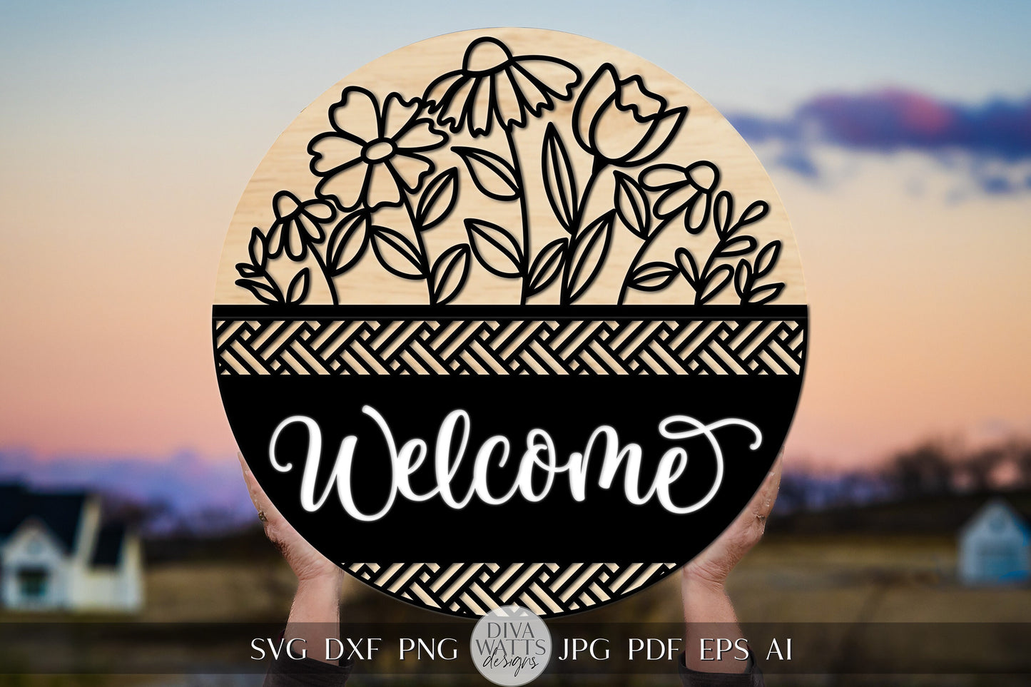 Welcome SVG Spring Florals Door Hanger Design Geometric Welcome SVG Wooden Welcome Door Hanger Front Door Decor Front Door Sign Flower svg