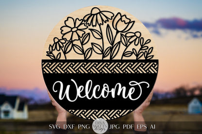 Welcome SVG Spring Florals Door Hanger Design Geometric Welcome SVG Wooden Welcome Door Hanger Front Door Decor Front Door Sign Flower svg
