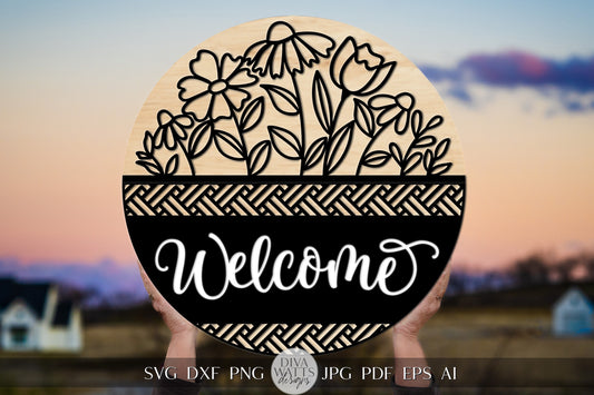 Welcome SVG Spring Florals Door Hanger Design Geometric Welcome SVG Wooden Welcome Door Hanger Front Door Decor Front Door Sign Flower svg