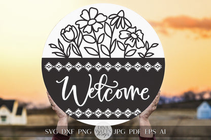 Welcome SVG Flowers SVG Florals Door Hanger Design Geometric Welcome SVG Wooden Welcome Door Hanger Front Door Decor Front Door Sign Flower