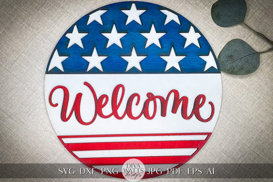 Welcome SVG Flag 4th Of July Door Hanger SVG Door Hanger For 4th of July svg For Porch Simple Patriotic svg 4th of July Glowforge svg Laser