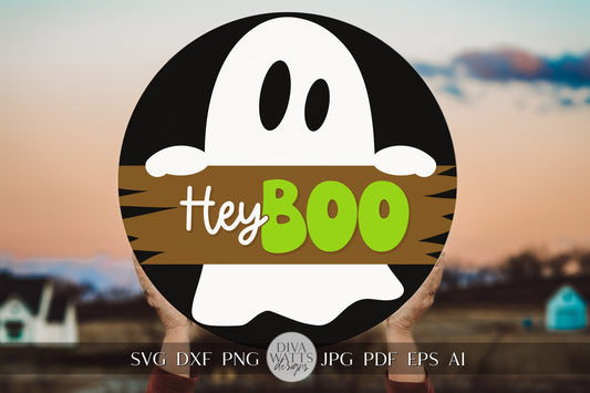 Hey Boo SVG Halloween Round Design Halloween Ghost Door Hanger Ghost svg Spooky Ghost svg Ghost Decor svg Cricut svg Ghost Sign