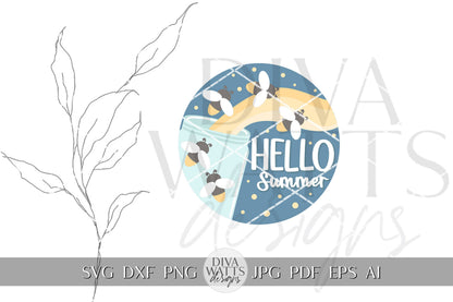 Hello Summer SVG Fireflies svg Lightning Bugs svg Summer Door hanger svg Summer Porch Decor svg Summer Sign Hello svg Welcome svg Cricut svg
