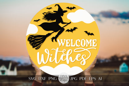 Welcome Witches SVG Welcome For Halloween Door Hanger SVG With Flying Witch Halloween SVG Witch Flying for Halloween Door Hanger svg Sign