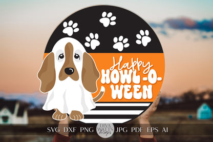 Happy Howl-O-Ween SVG Halloween Round Design Halloween Ghost Dog Door Dog Halloween svg Ghost svg Ghost Decor svg Cricut svg Dog svg