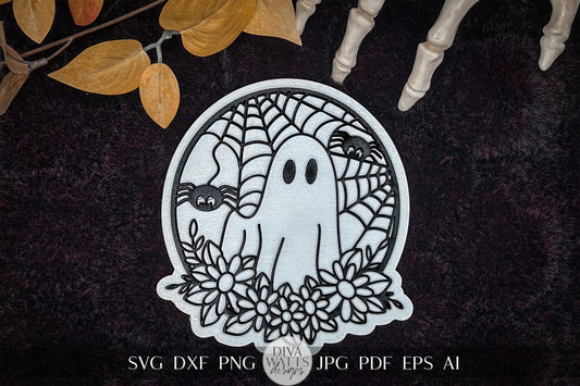 Halloween Ghost SVG Ghost Sign SVG Ghost Door Hanger SVG Ghost Laser Sign svg Halloween Laser svg Halloween Sign svg Ghost With Flowers