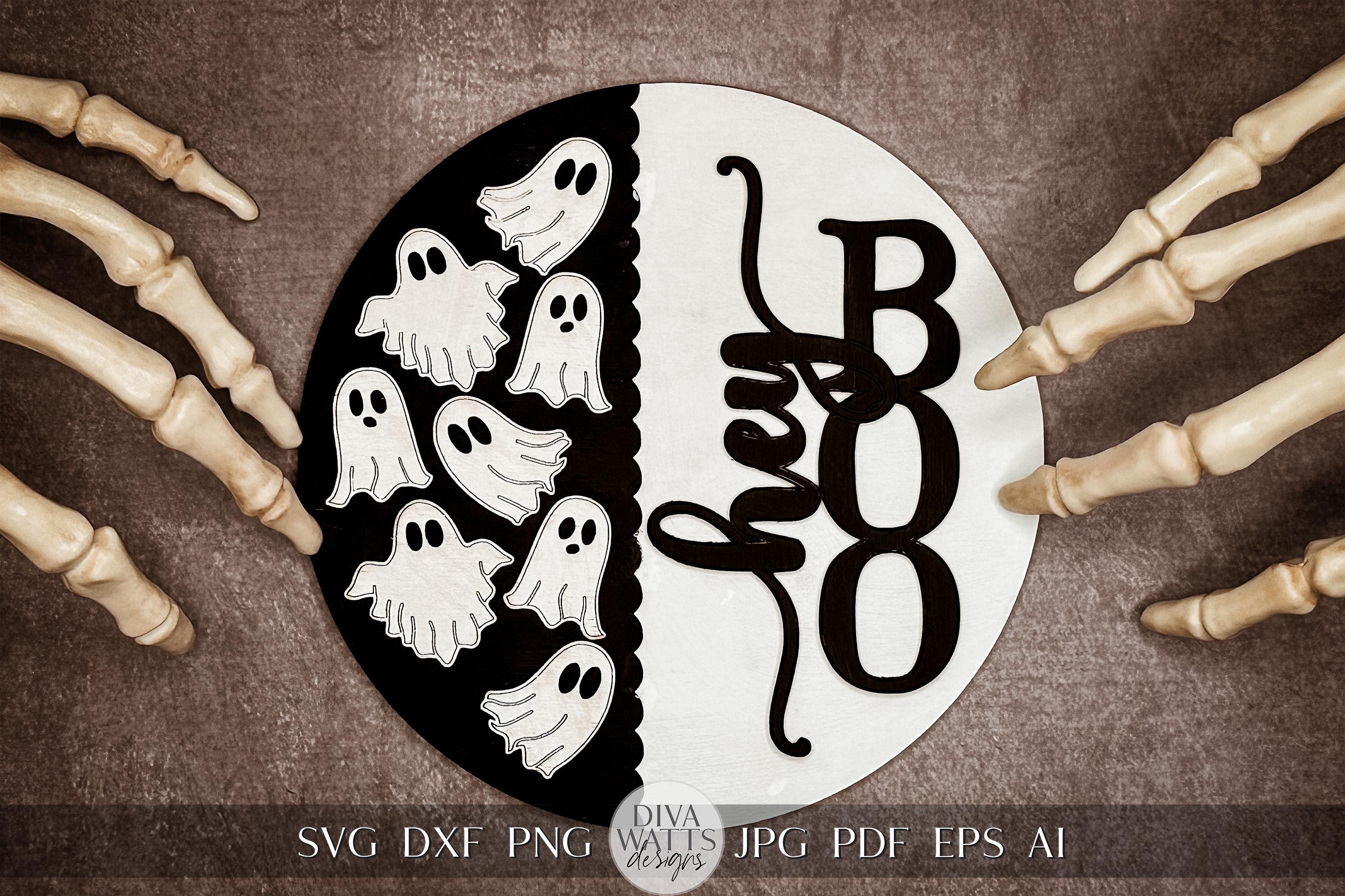 Hey Boo Ghost SVG Halloween Round Design Glowforge Laser SVG Halloween Laser svg for Door Hanger svg For Halloween Ghost SVG Sign for Door