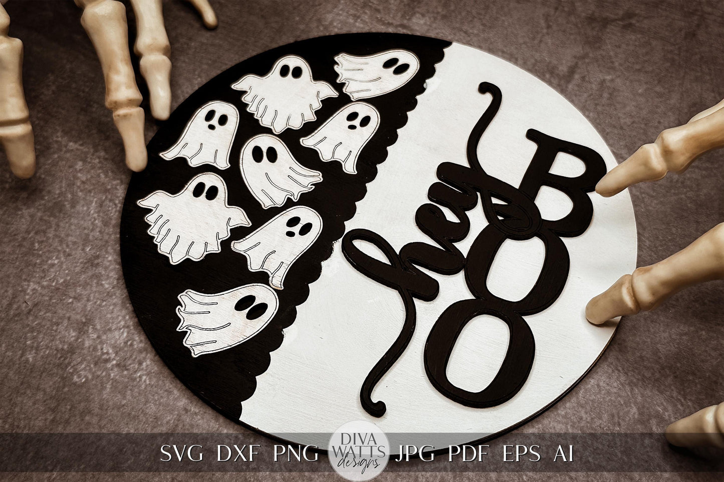 Hey Boo Ghost SVG Halloween Round Design Glowforge Laser SVG Halloween Laser svg for Door Hanger svg For Halloween Ghost SVG Sign for Door