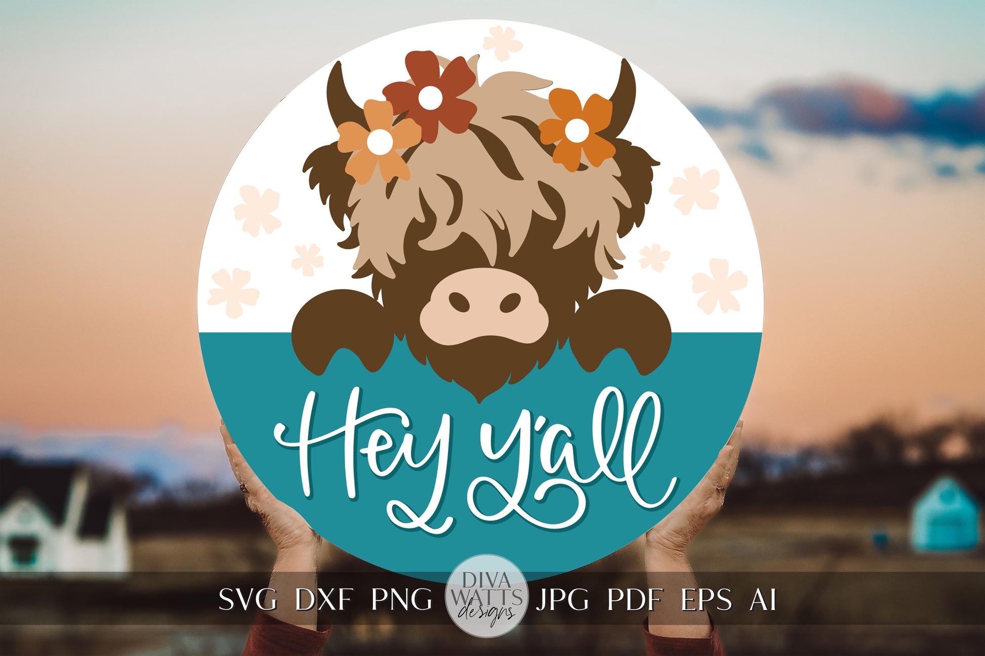 Hey Y'all SVG Highland Cow Door Hanger svg Hand Lettered svg Cow Door Sign svg Farm svg Farmhouse Door Hanger svg Cow With Flowers SVG