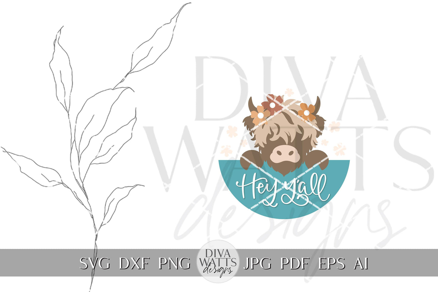 Hey Y'all SVG Highland Cow Door Hanger svg Hand Lettered svg Cow Door Sign svg Farm svg Farmhouse Door Hanger svg Cow With Flowers SVG