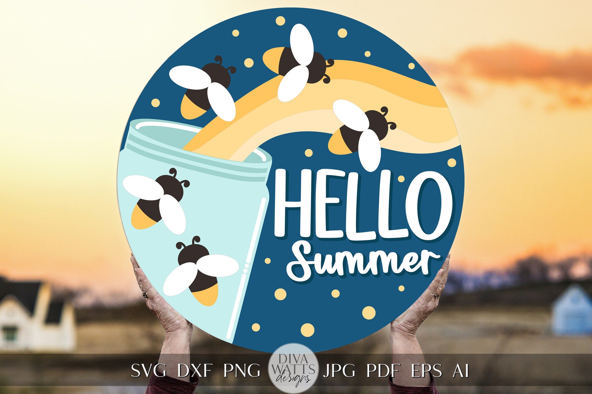 Hello Summer SVG Fireflies svg Lightning Bugs svg Summer Door hanger svg Summer Porch Decor svg Summer Sign Hello svg Welcome svg Cricut svg