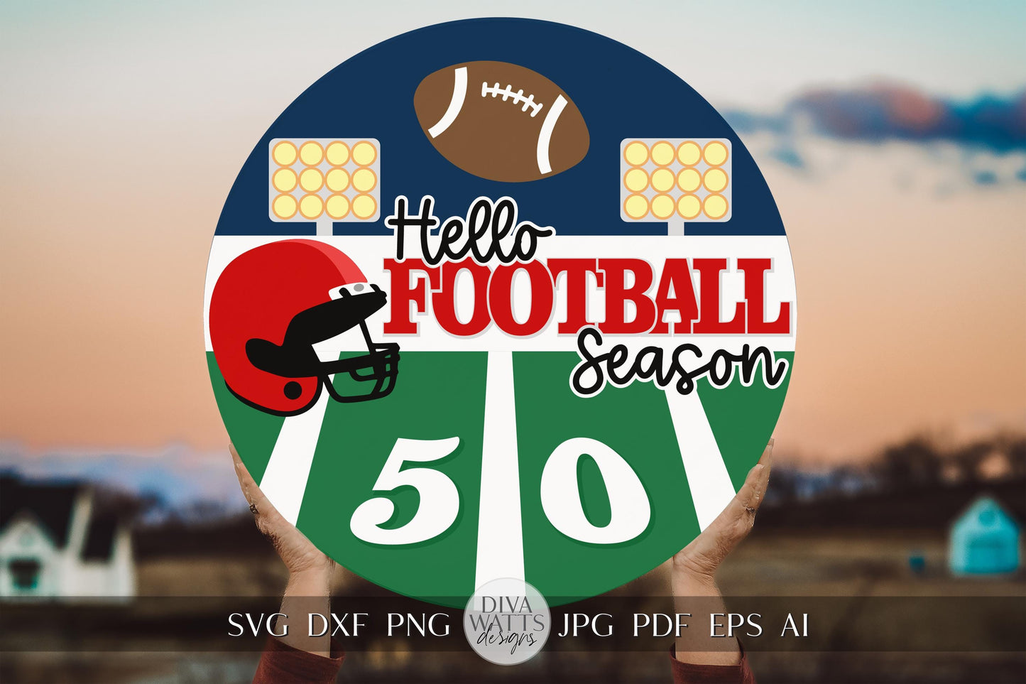 Hello Football Season Digital Download Round Sign Design Football Door Hanger Football SVG Football Laser File Glowforge Laser File SVG