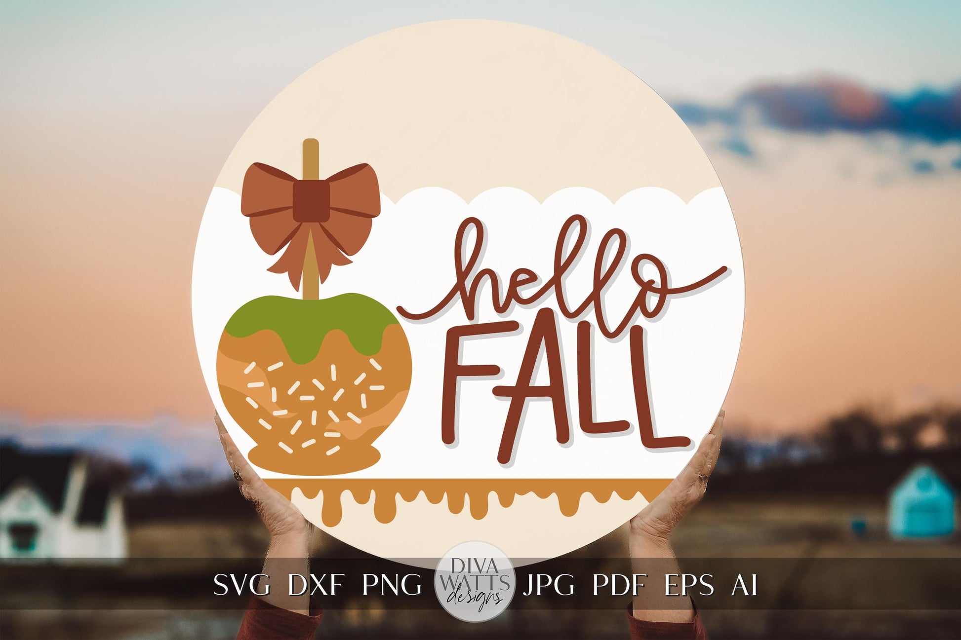 Hello Fall SVG Fall Door Hanger svg Autumn SVG Caramel Apple SVG Apple svg for Door Hanger svg Sign For Fall Door Hanger for Fall svg