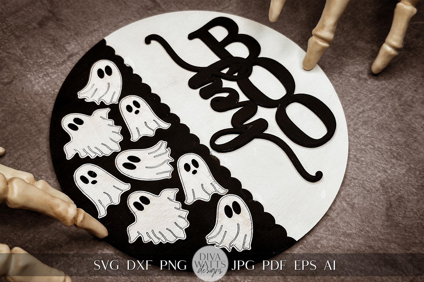 Hey Boo Ghost SVG Halloween Round Design Glowforge Laser SVG Halloween Laser svg for Door Hanger svg For Halloween Ghost SVG Sign for Door
