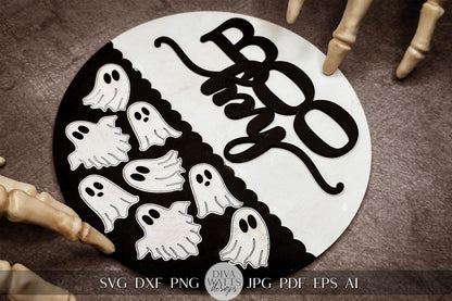 Hey Boo Ghost SVG Halloween Round Design Glowforge Laser SVG Halloween Laser svg for Door Hanger svg For Halloween Ghost SVG Sign for Door