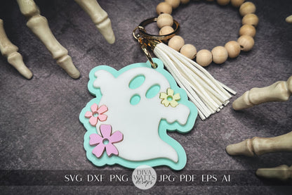 Hippie Ghost Keychain SVG | Flower Ghost Bag Tag | Personalizable Halloween Keychain | Boo Basket Tag