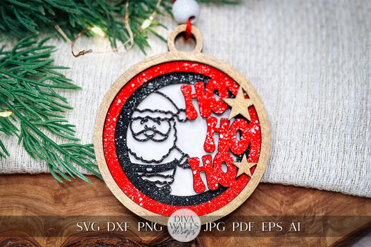 Ho Ho Ho Layered Santa Ornament SVG, 3D Santa Christmas Ornament, Laser Cut Holiday Ornament, Festive Santa Decor SVG
