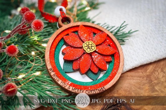 Poinsettia Layered Christmas Ornament SVG, We Wish You a Merry Christmas Ornament, Laser Cut Ornament, 3D Poinsettia Ornament Glowforge svg
