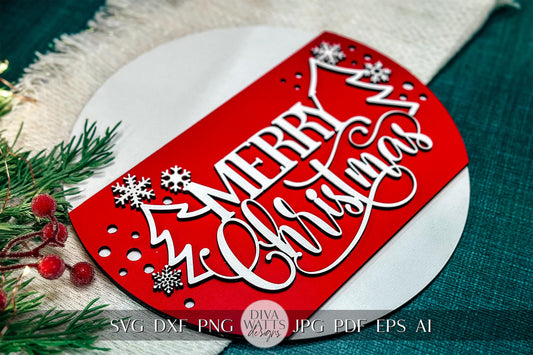 Merry Christmas Layered Door Hanger SVG for Laser - Festive Snowflakes, Trees, and Flourished Script Holiday Cut File Easy Assembly Decor