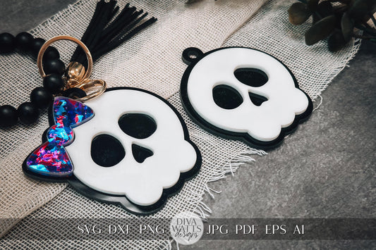 Skull Keychain Set SVG | Boy & Girl Skull Bag Tag | Personalizable Halloween Keychain | Boo Basket Tag | Laser Cut File for DIY Gifts