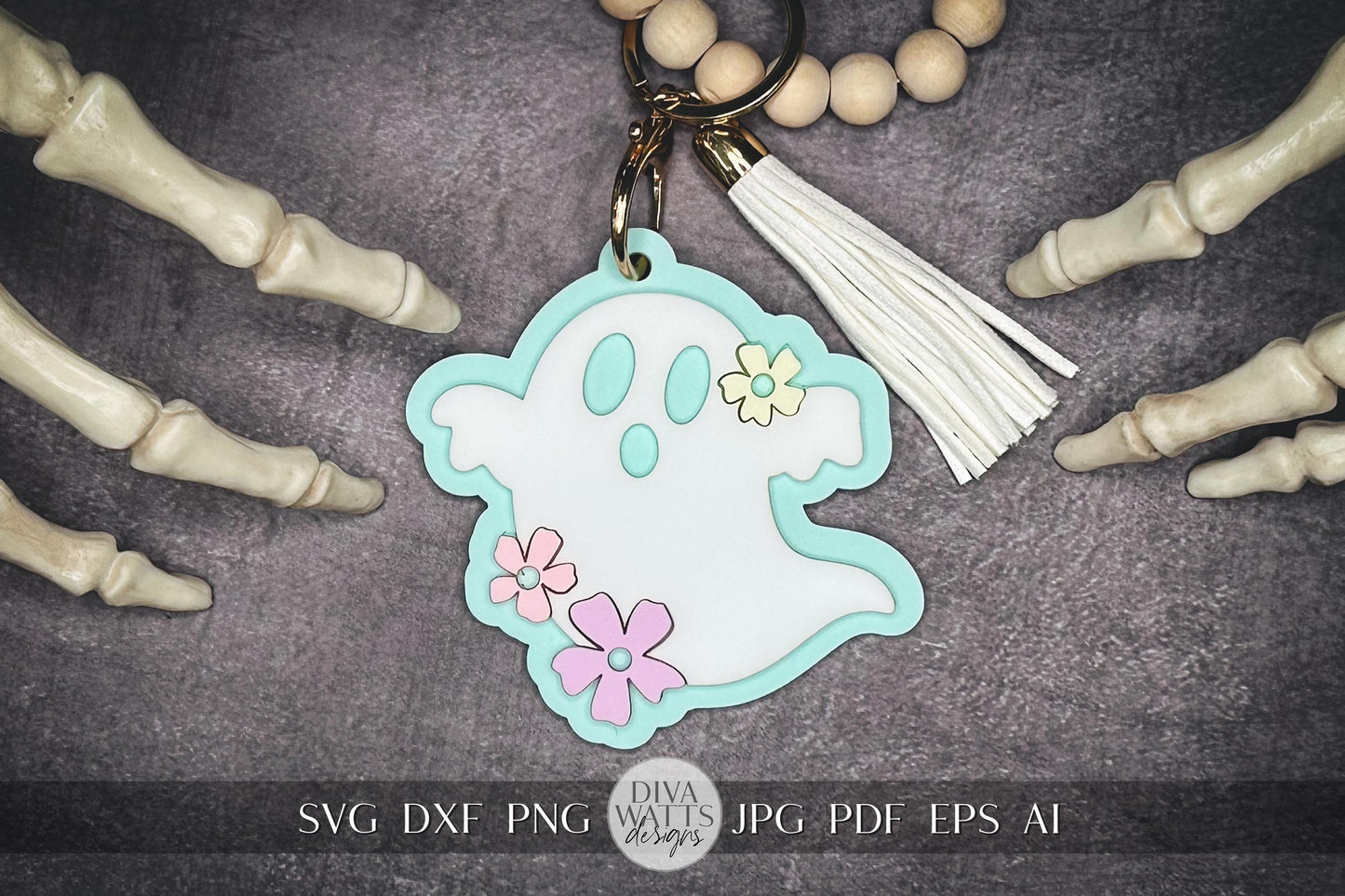 Hippie Ghost Keychain SVG | Flower Ghost Bag Tag | Personalizable Halloween Keychain | Boo Basket Tag